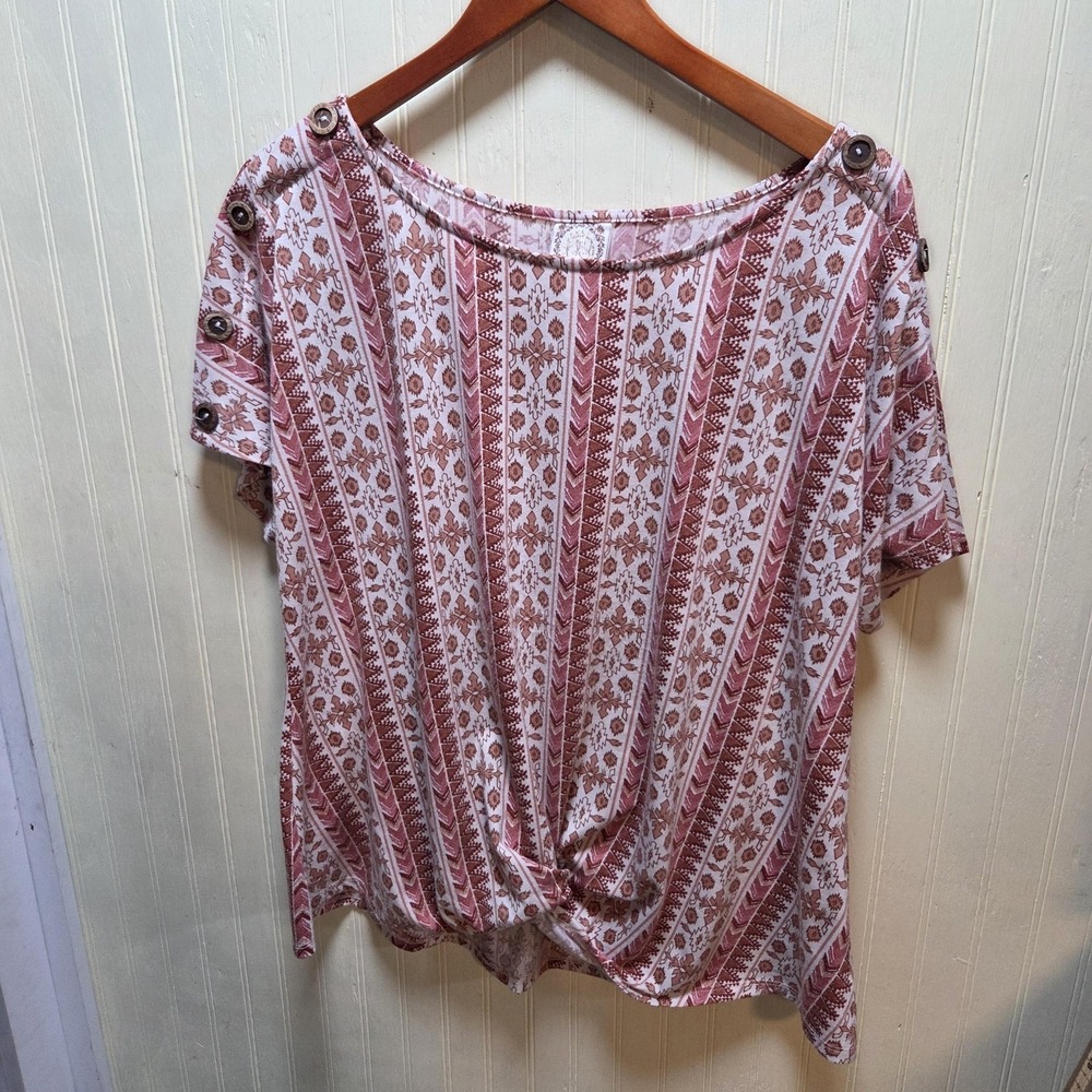 Tru Self Shirt Womens 2X Plus Pink Boat Neck Short Sleeve Boho Stripe Top